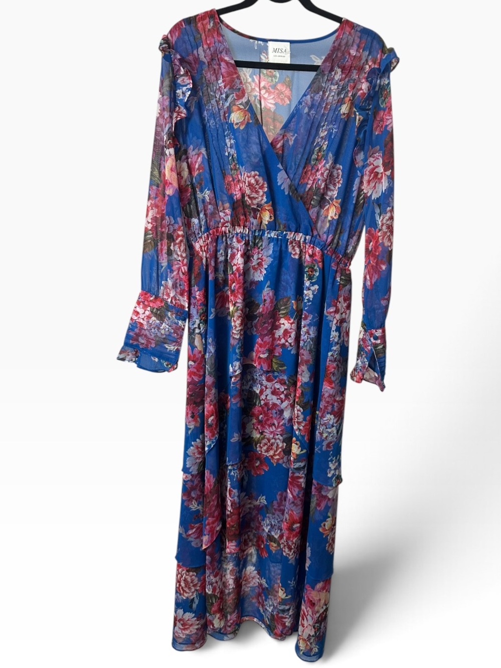 Misa Los Angeles Royal Blue Floral layered Maxi Dress with Pink Blooms size L